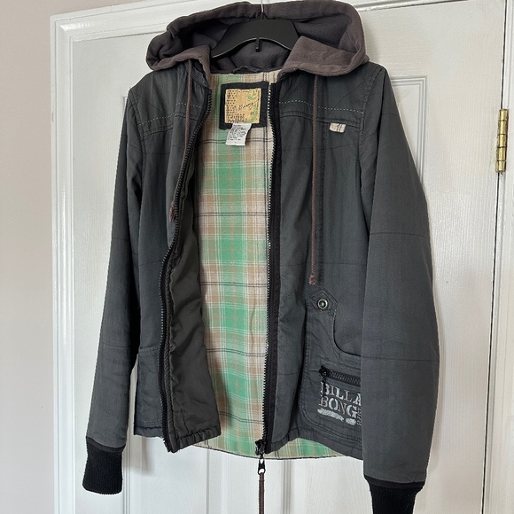 RARE Y2K Vintage Billabong Gray Hooded Utility Jacket Women's Large - Picture 2 of 7